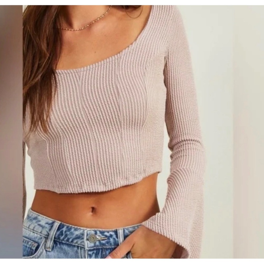 Altar'd State Alina Mauve Ribbed Bell Sleeve Square Neck Crop Top Festival Boho